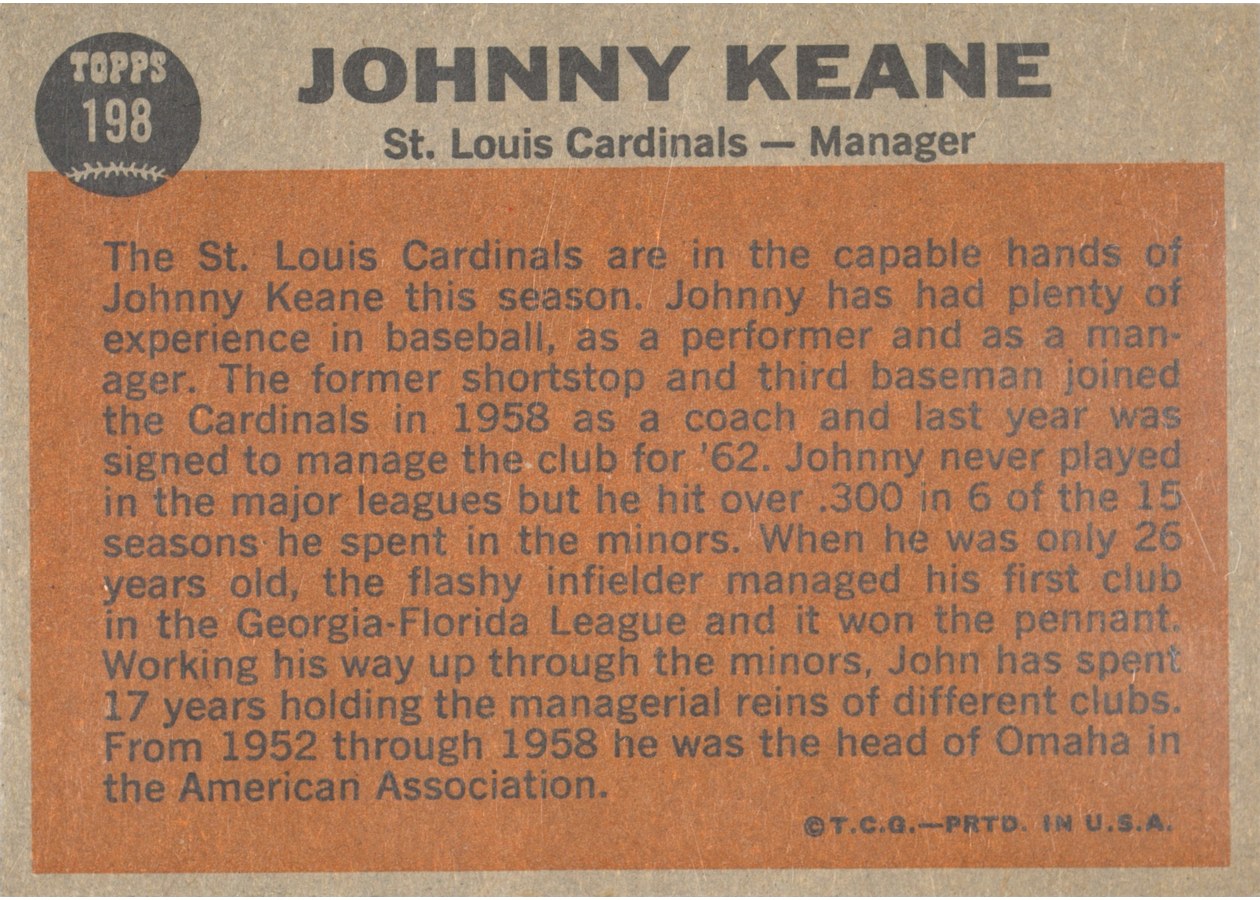1962 Topps #198 Johnny Keane card back