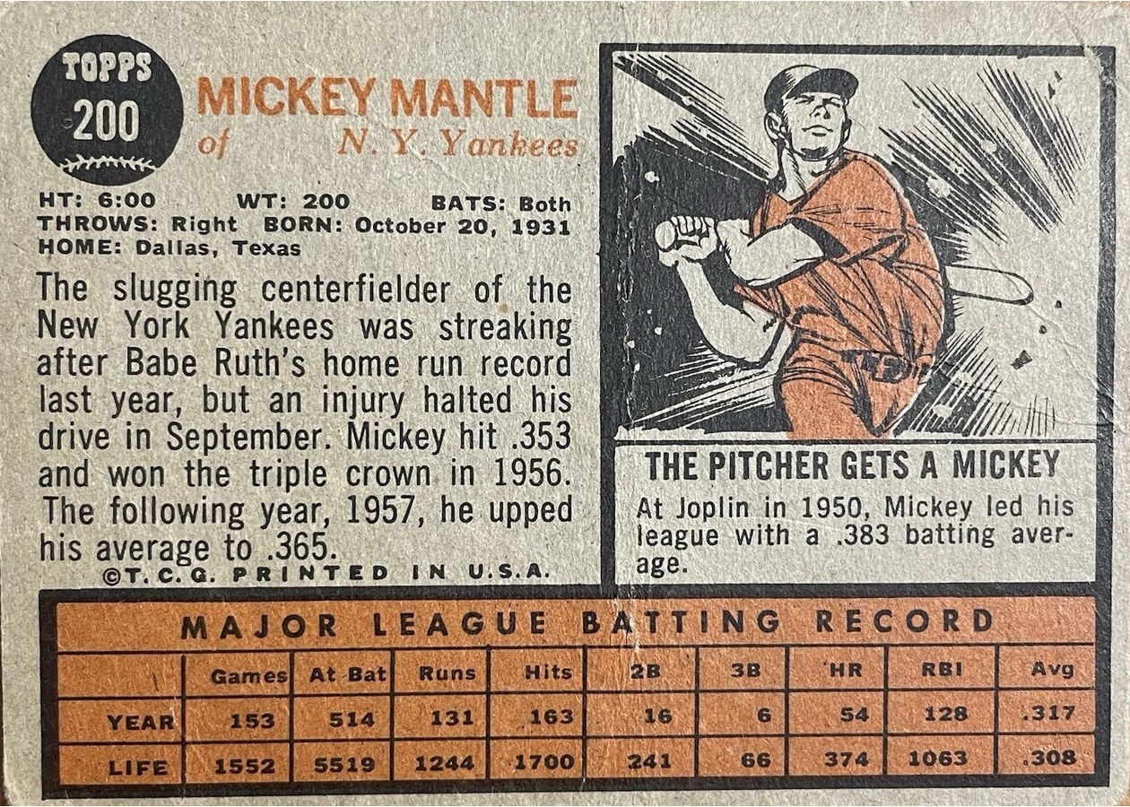1962 Topps #200 Mickey Mantle card back
