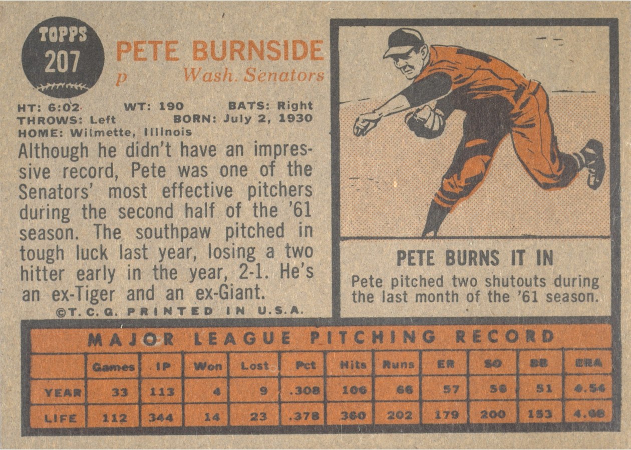 1962 Topps #207 Pete Burnside card back