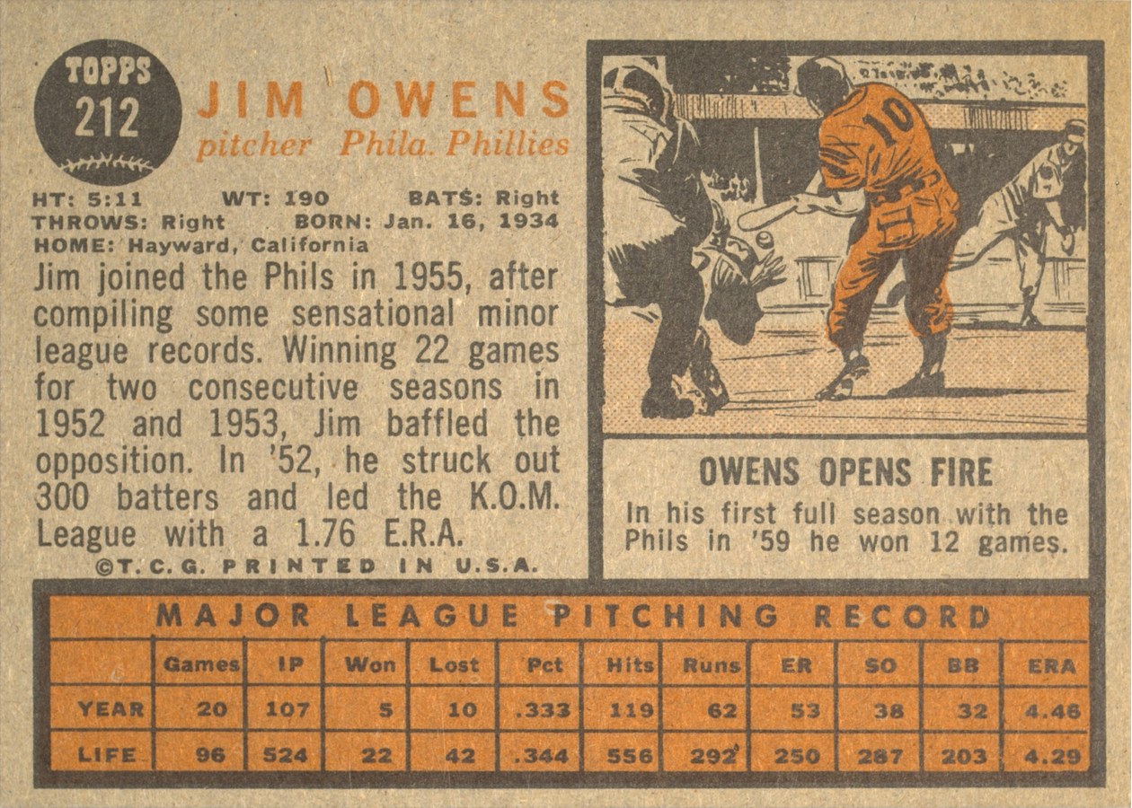 1962 Topps #212 Jim Owens card back