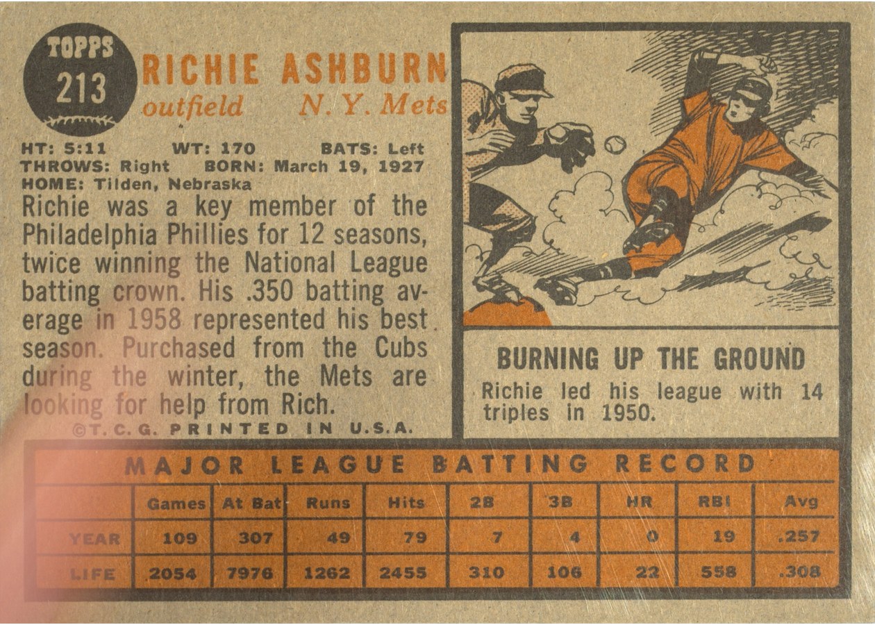 1962 Topps #213 Richie Ashburn card back