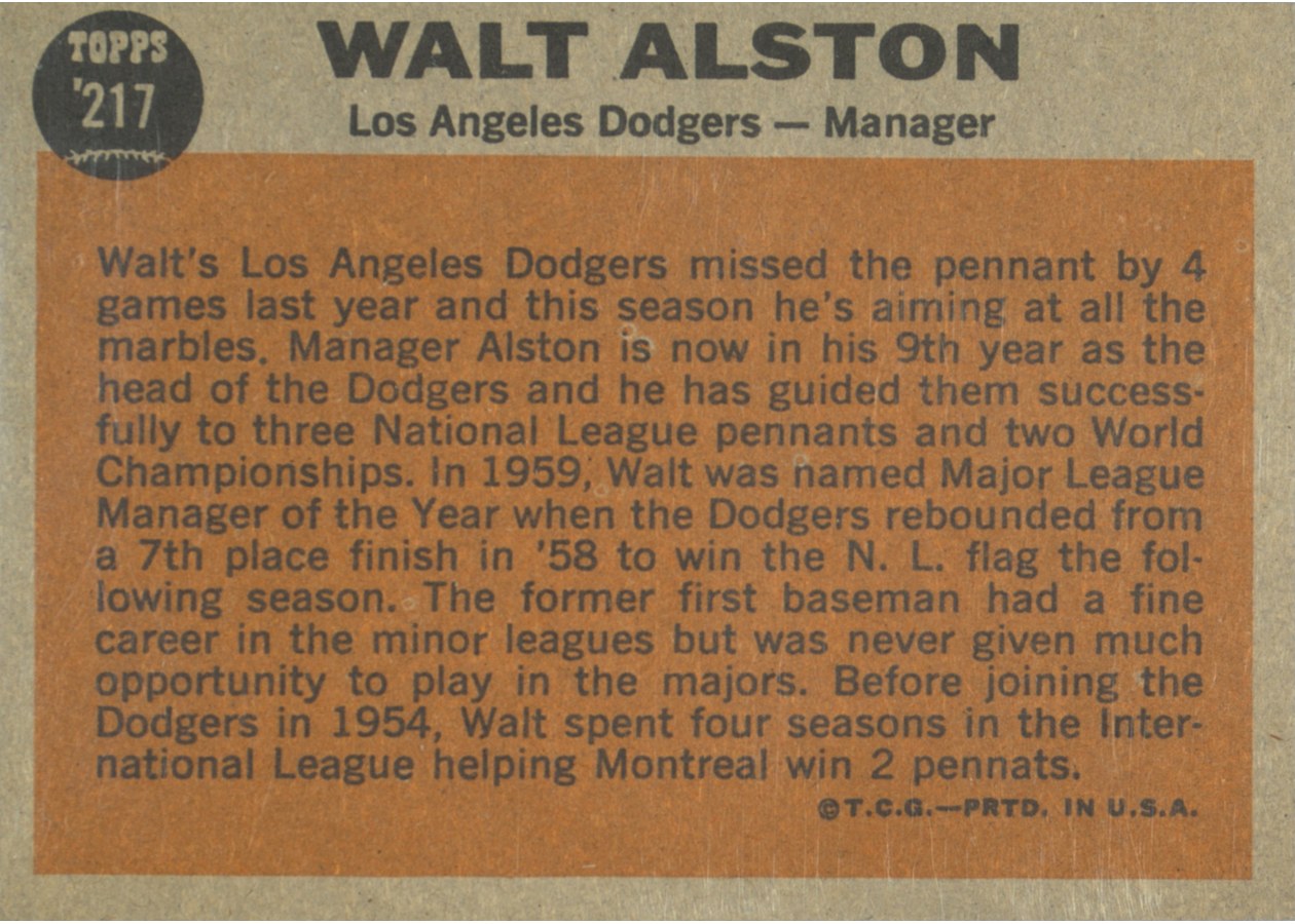 1962 Topps #217 Walt Alston card back