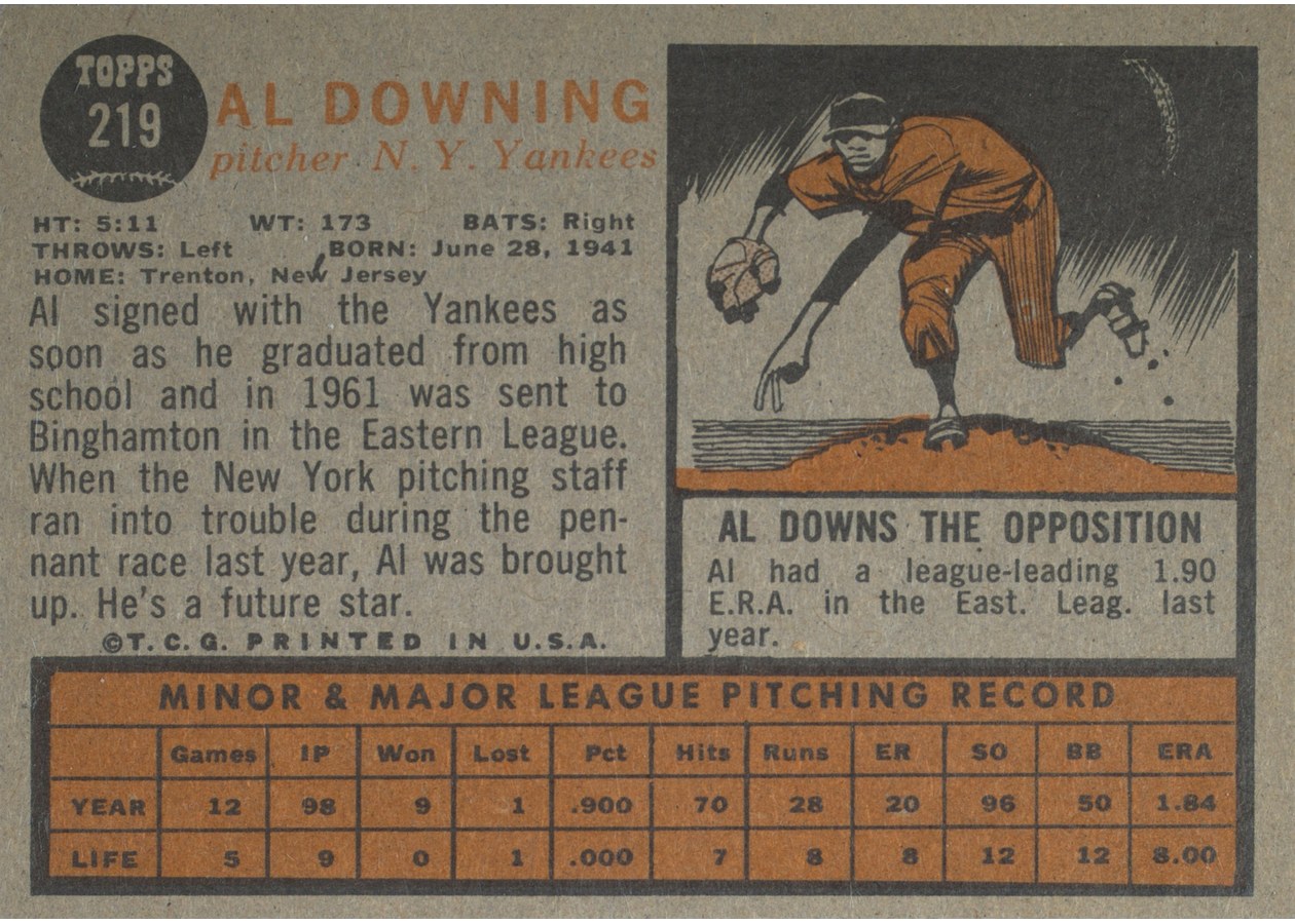 1962 Topps #219 Al Downing card back