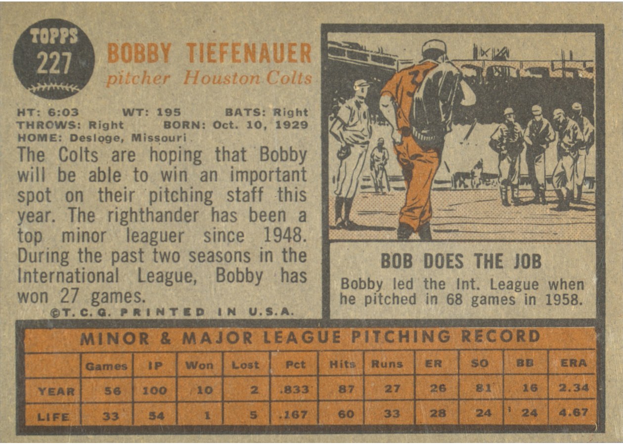 1962 Topps #227 Bobby Tiefenauer card back