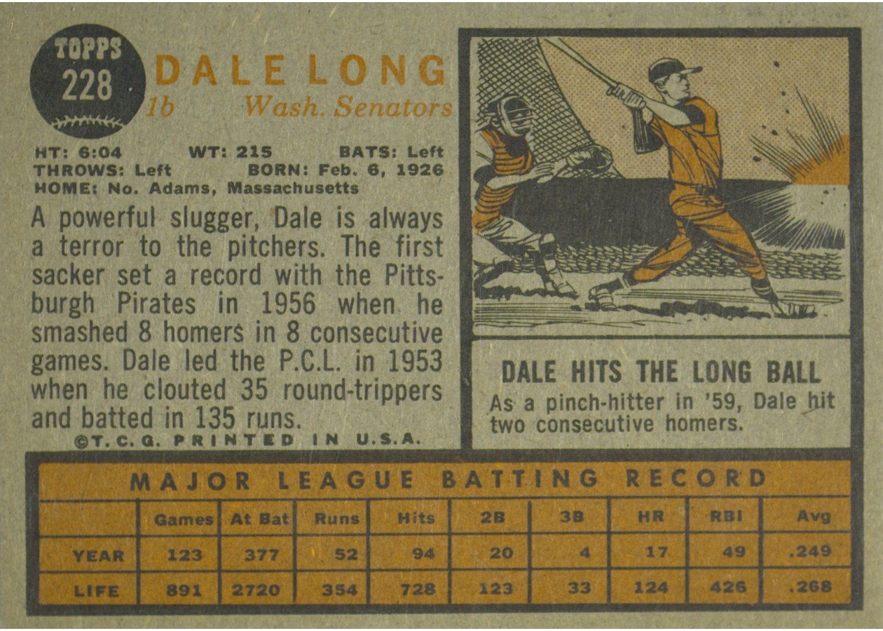 1962 Topps #228 Dale Long card back