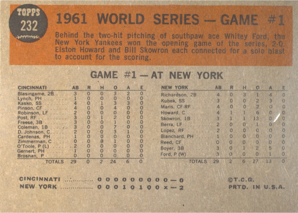 1962 Topps #232 World Series Game #1 - Yanks Win Opener card back