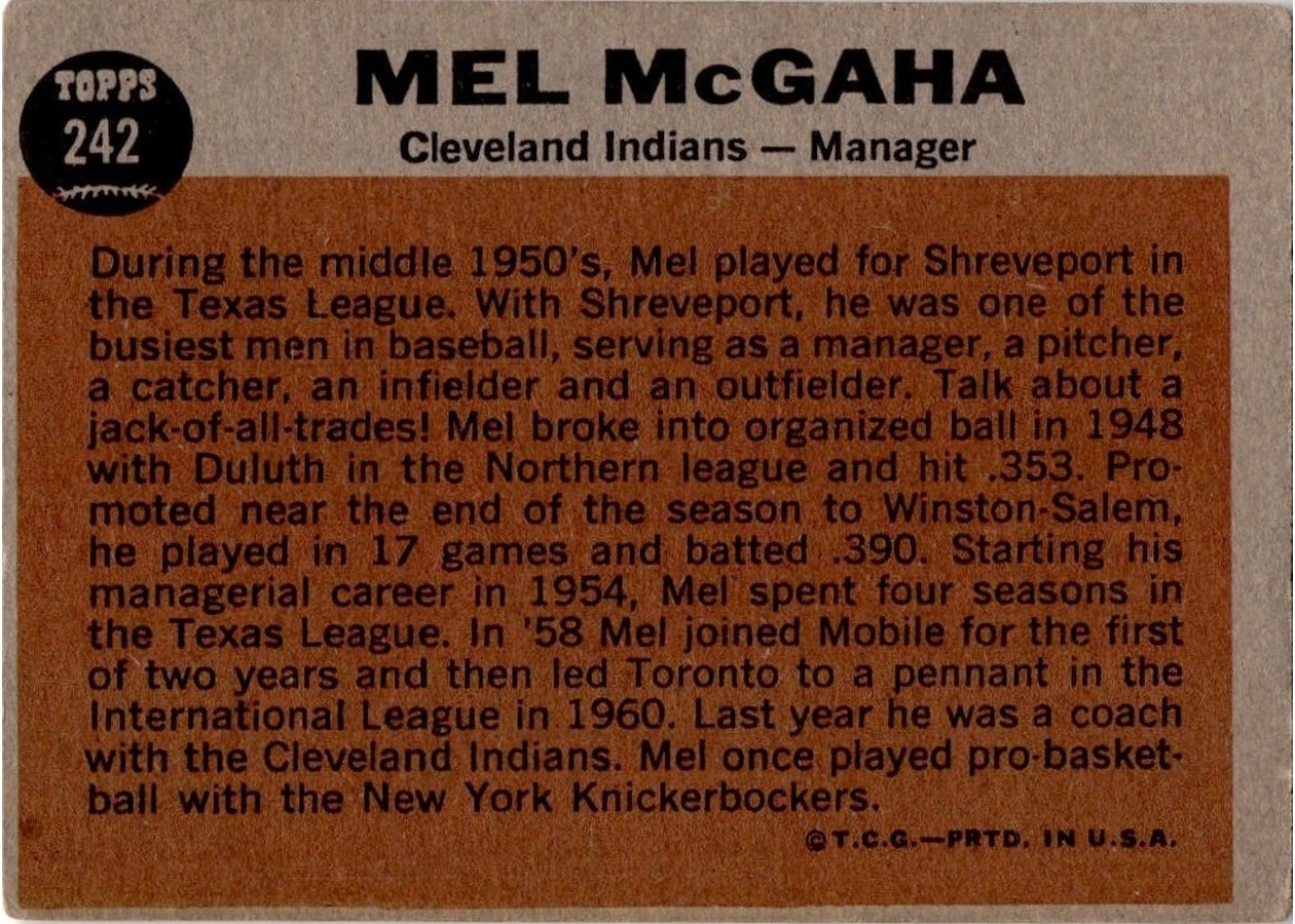 1962 Topps #242 Mel McGaha card back