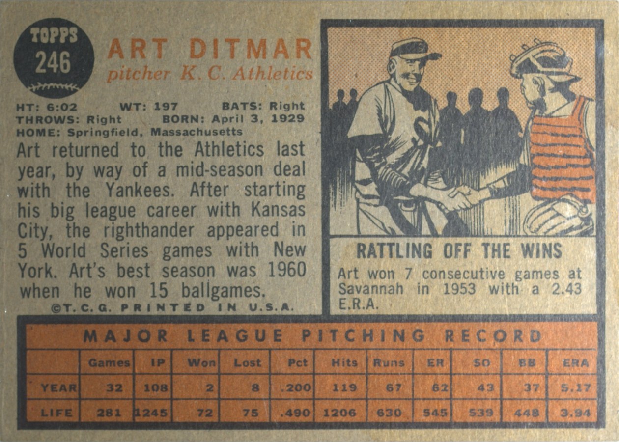 1962 Topps #246 Art Ditmar card back
