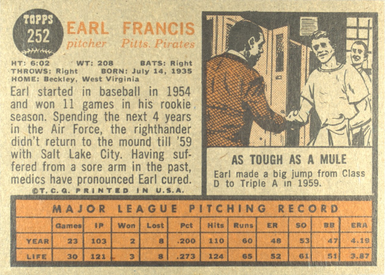 1962 Topps #252 Earl Francis card back