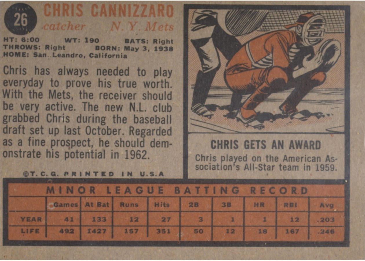 1962 Topps #26 Chris Cannizzaro card back