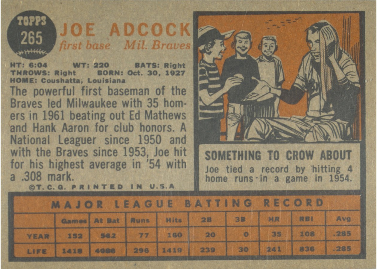 1962 Topps #265 Joe Adcock card back