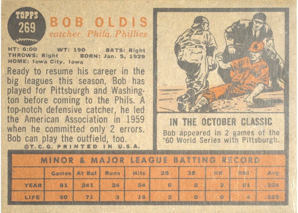 1962 Topps #269 Bob Oldis card back