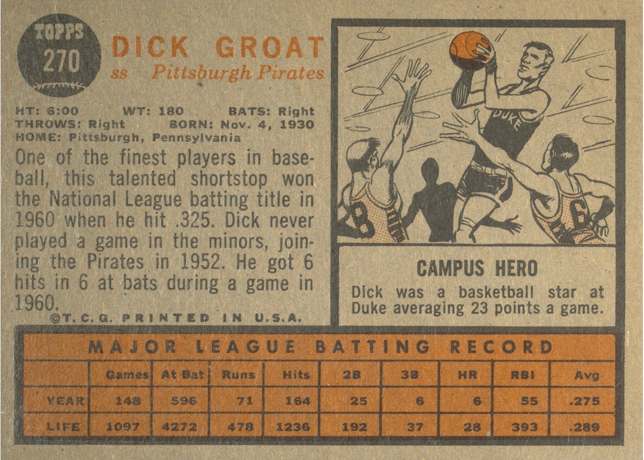 1962 Topps #270 Dick Groat card back