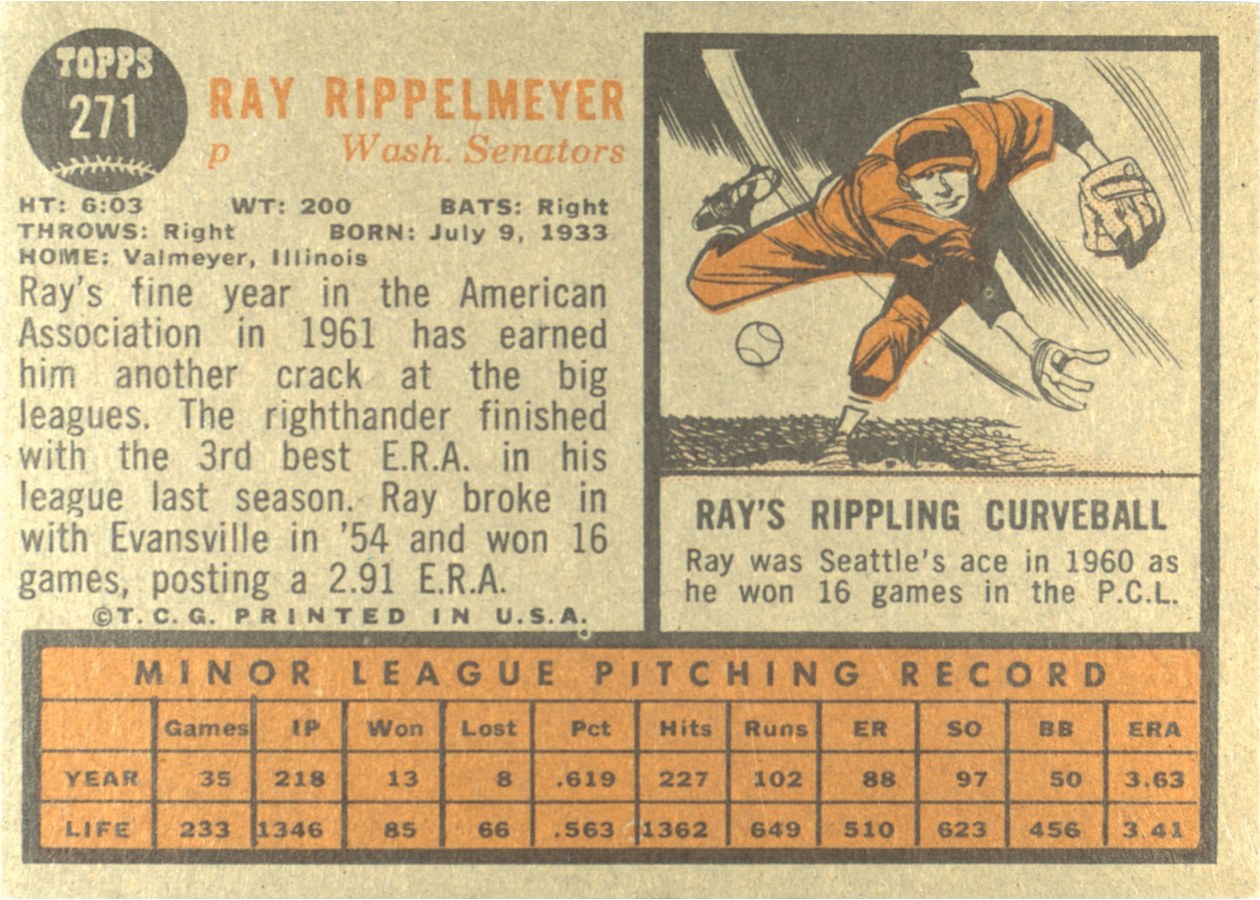 1962 Topps #271 Ray Rippelmeyer card back