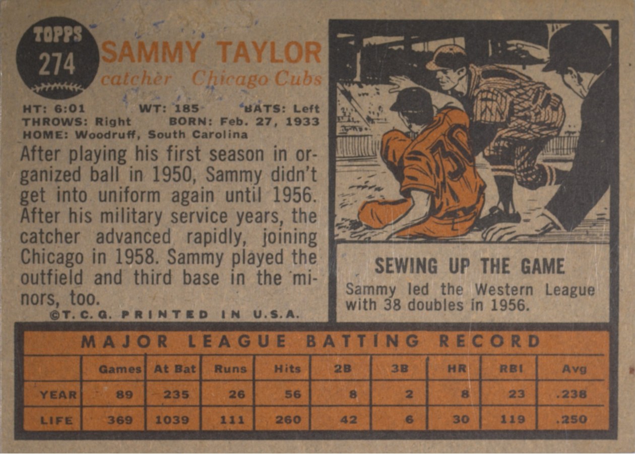 1962 Topps #274 Sammy Taylor card back