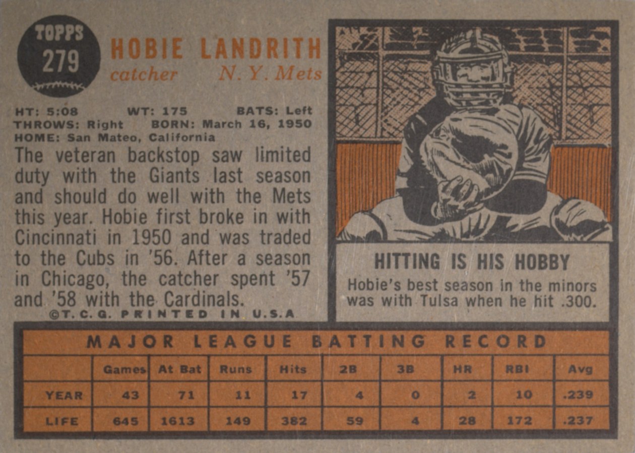 1962 Topps #279 Hobie Landrith card back