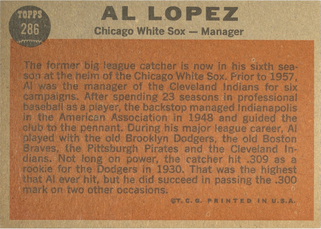 1962 Topps #286 Al Lopez card back