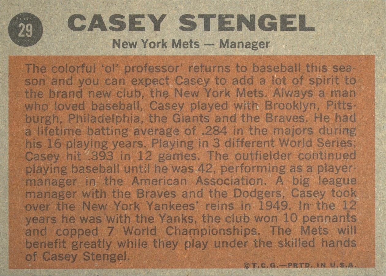 1962 Topps #29 Casey Stengel card back