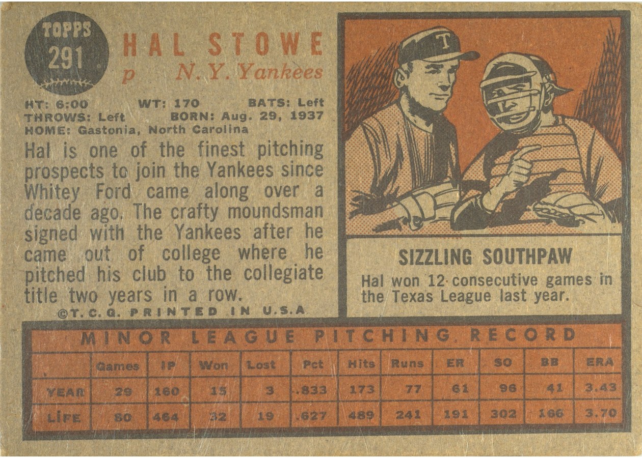 1962 Topps #291 Hal Stowe card back