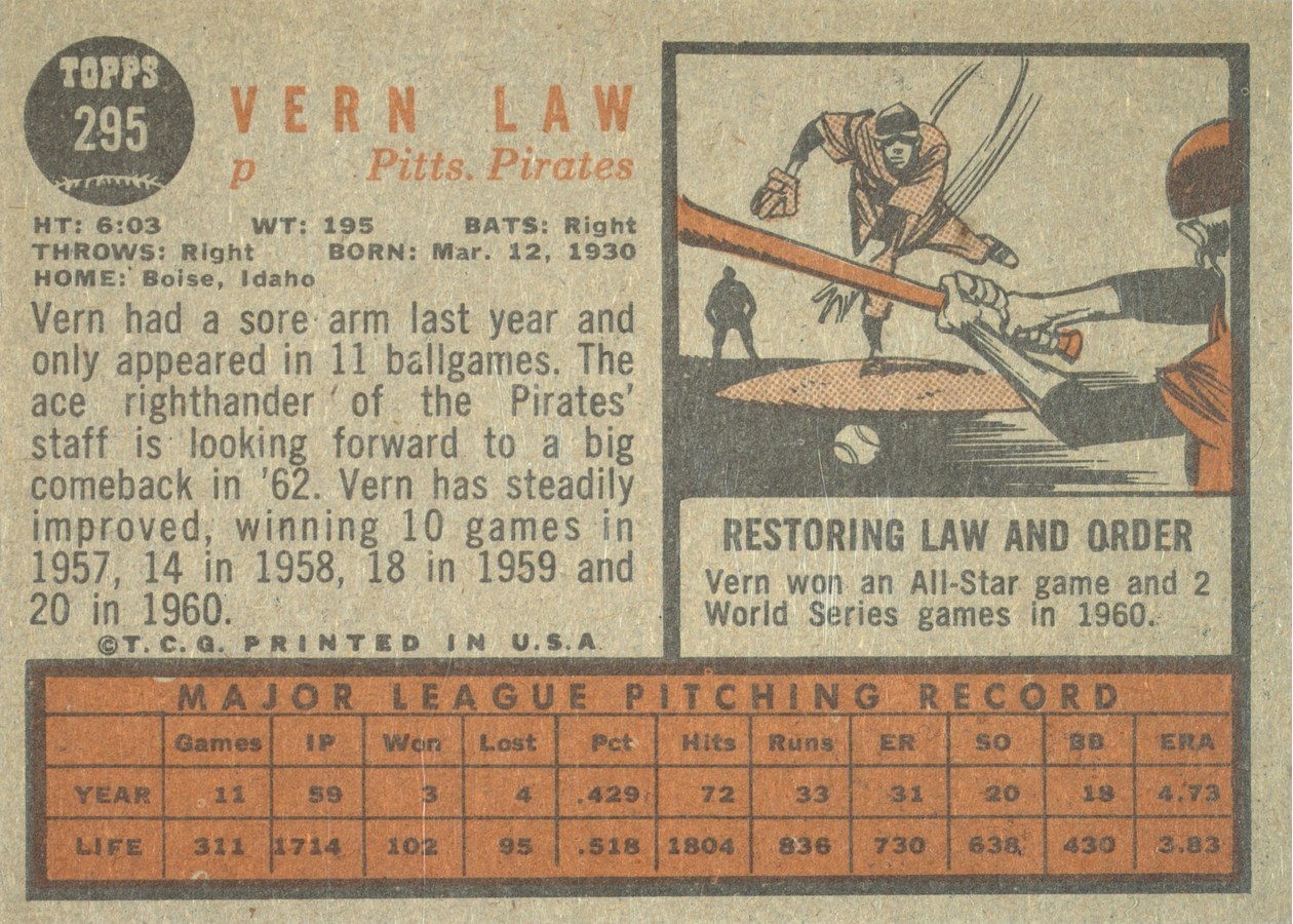 1962 Topps #295 Vern Law card back