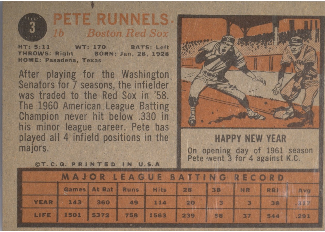 1962 Topps #3 Pete Runnels card back