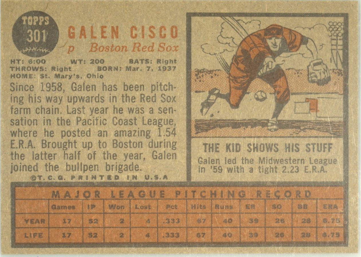 1962 Topps #301 Galen Cisco card back