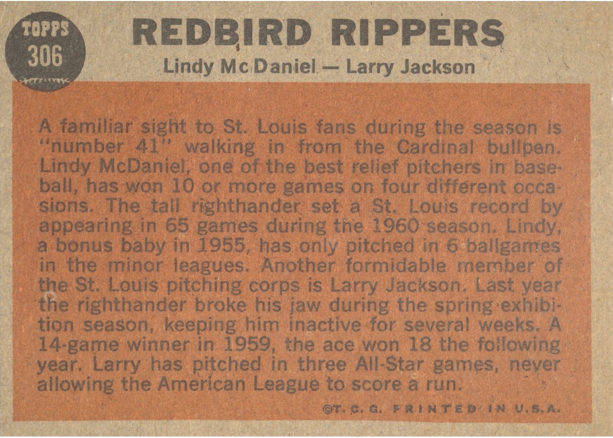 1962 Topps #306 Redbird Rippers card back