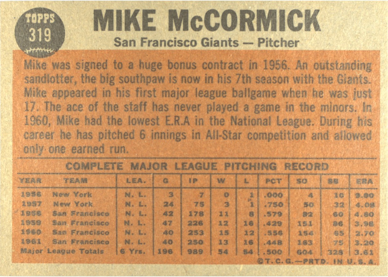 1962 Topps #319 Mike McCormick card back