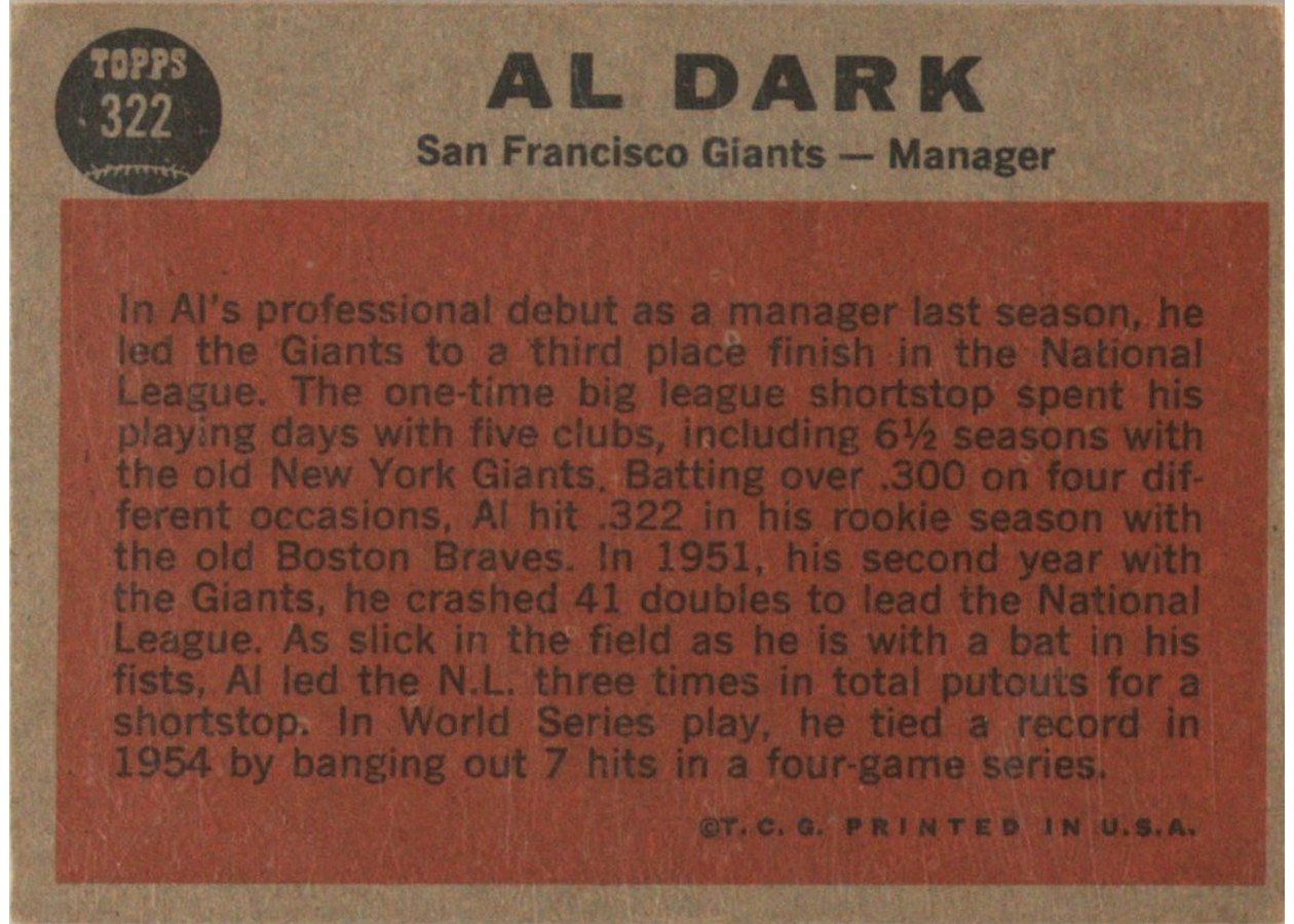 1962 Topps #322 Al Dark card back