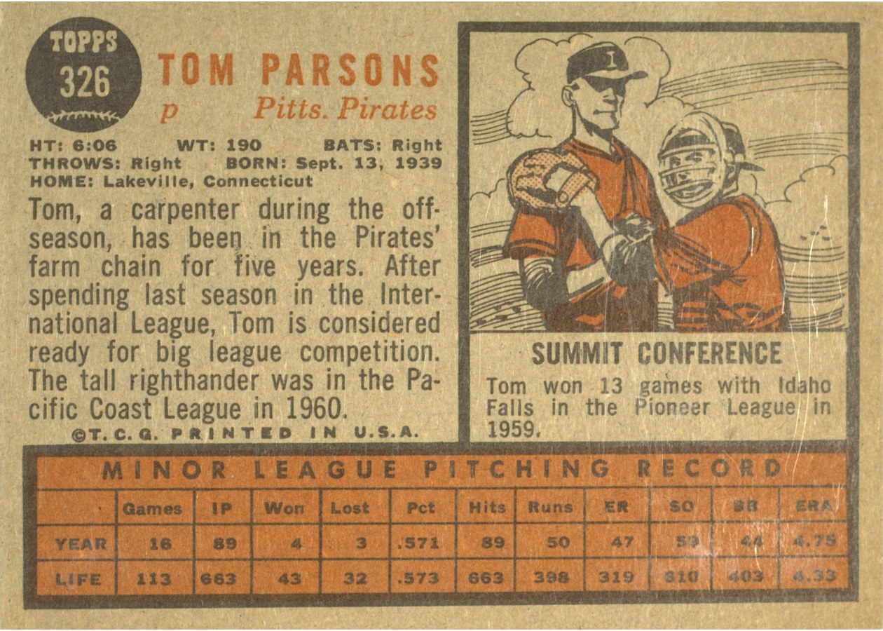 1962 Topps #326 Tom Parsons card back