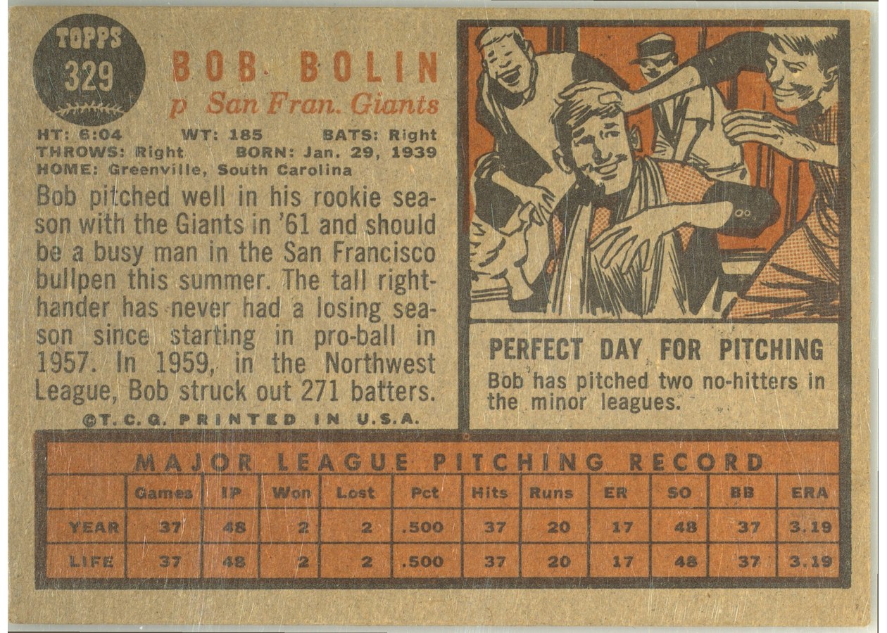 1962 Topps #329 Bob Bolin card back