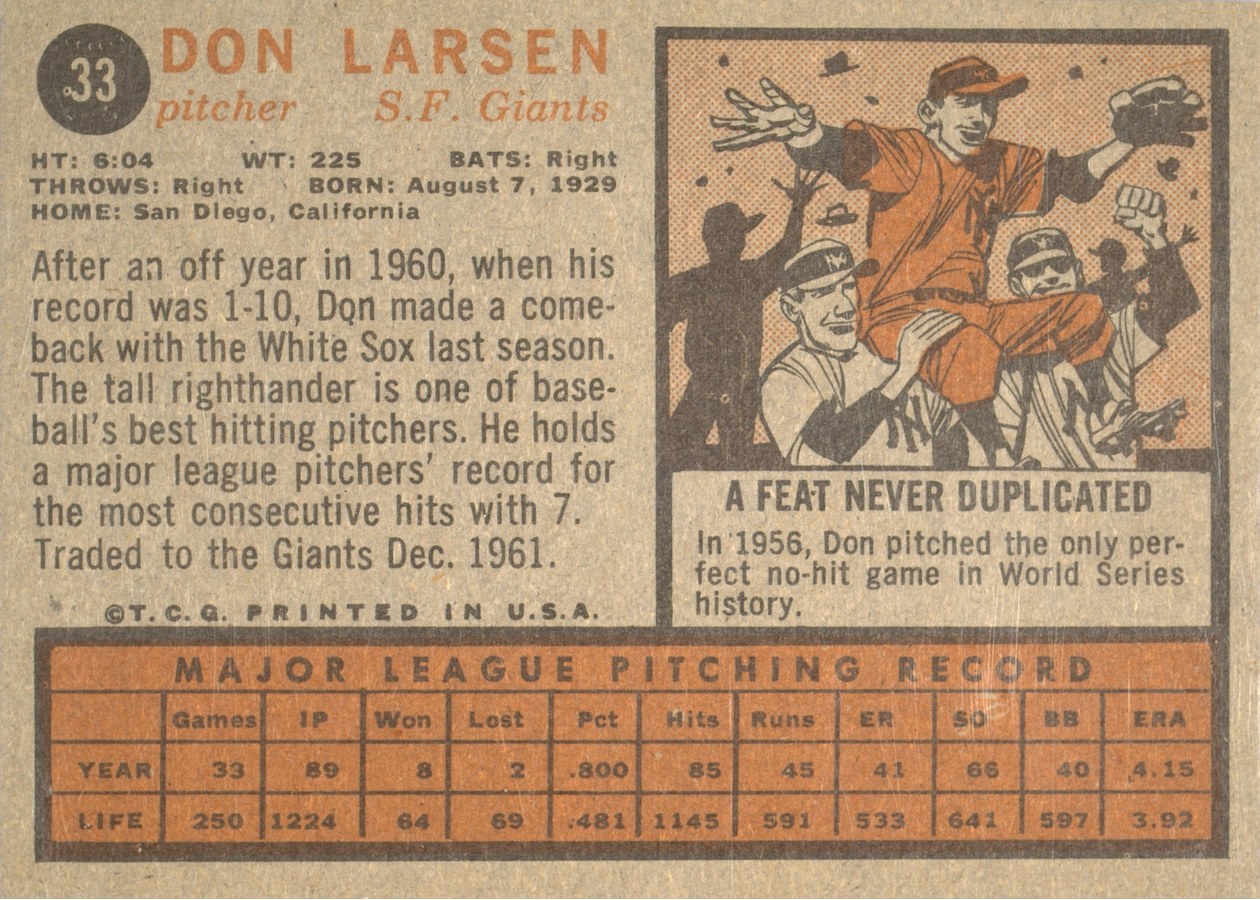 1962 Topps #33 Don Larsen card back