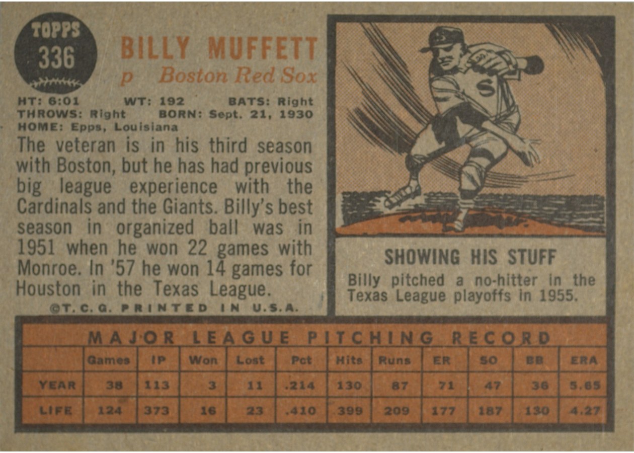 1962 Topps #336 Billy Muffett card back