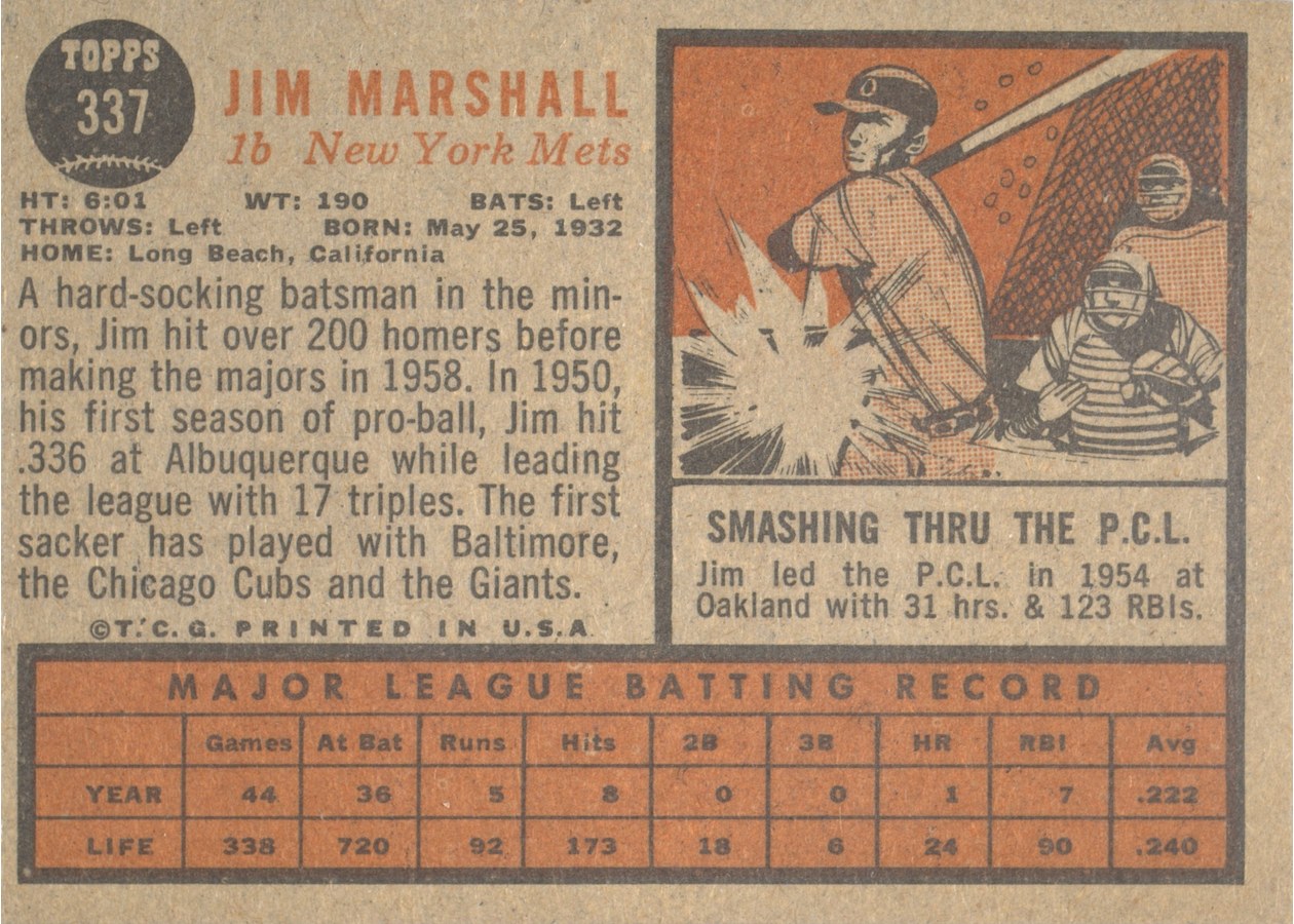 1962 Topps #337 Jim Marshall card back