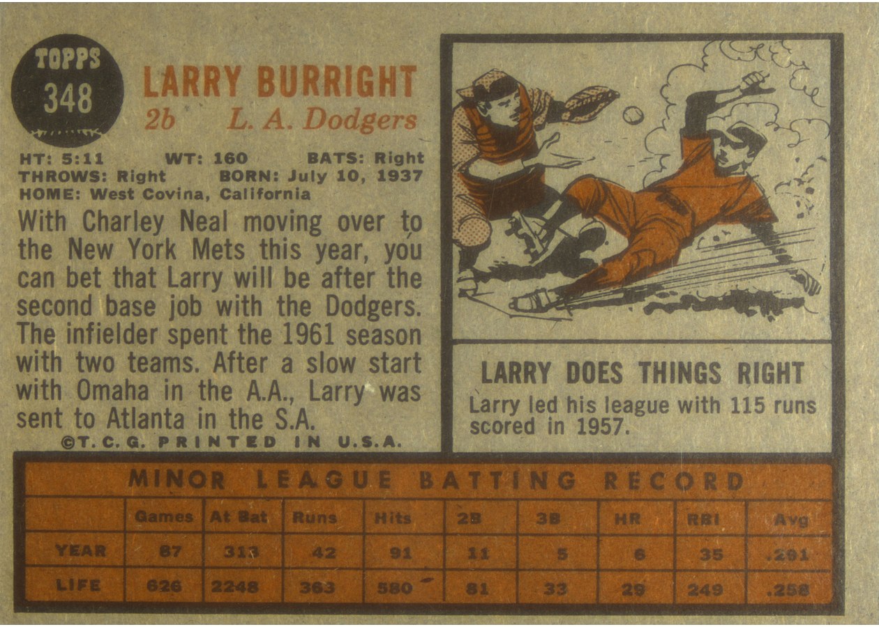1962 Topps #348 Larry Burright card back