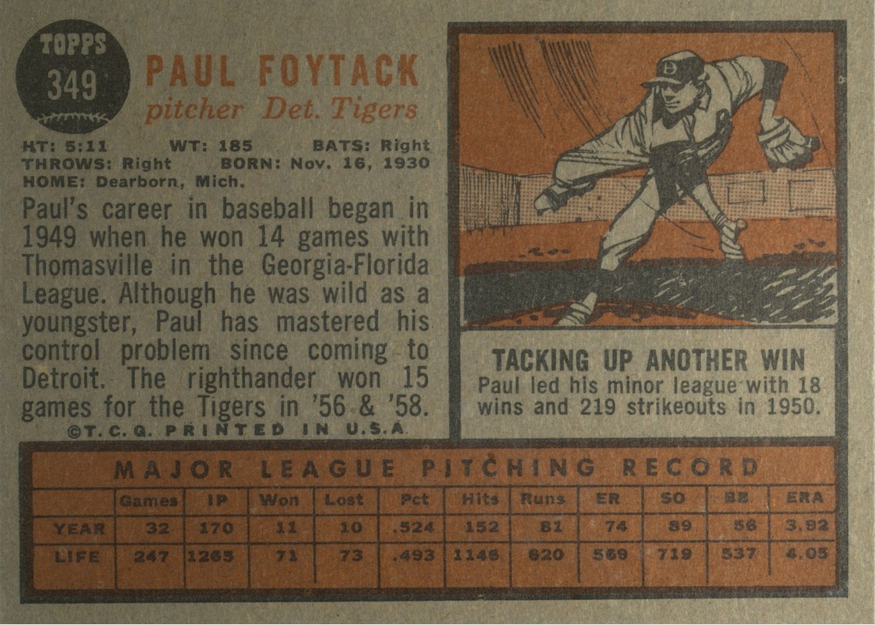 1962 Topps #349 Paul Foytack card back