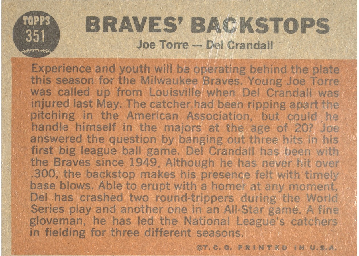 1962 Topps #351 Braves' Backstops card back