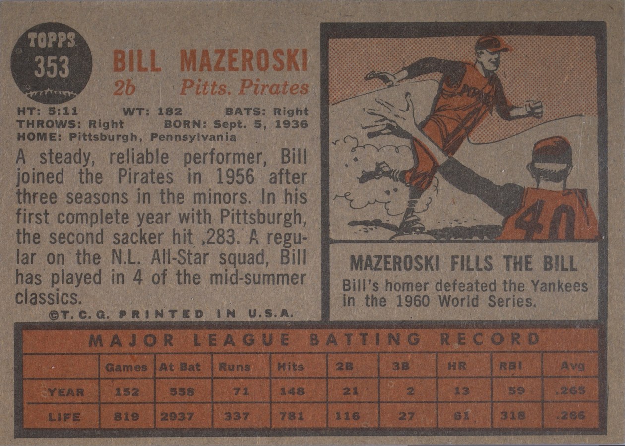 1962 Topps #353 Bill Mazeroski card back