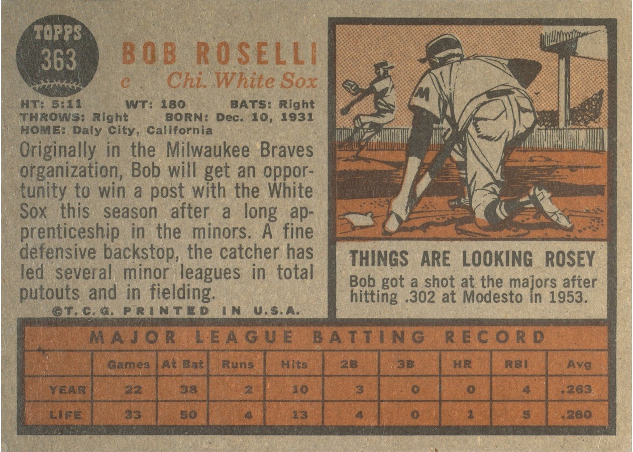 1962 Topps #363 Bob Roselli card back