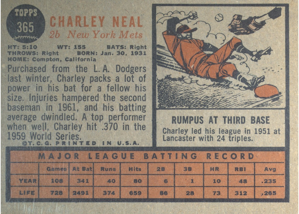 1962 Topps #365 Charley Neal card back