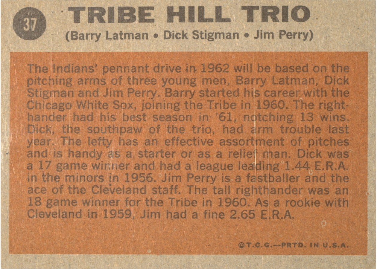 1962 Topps #37 Tribe Hill Trio card back
