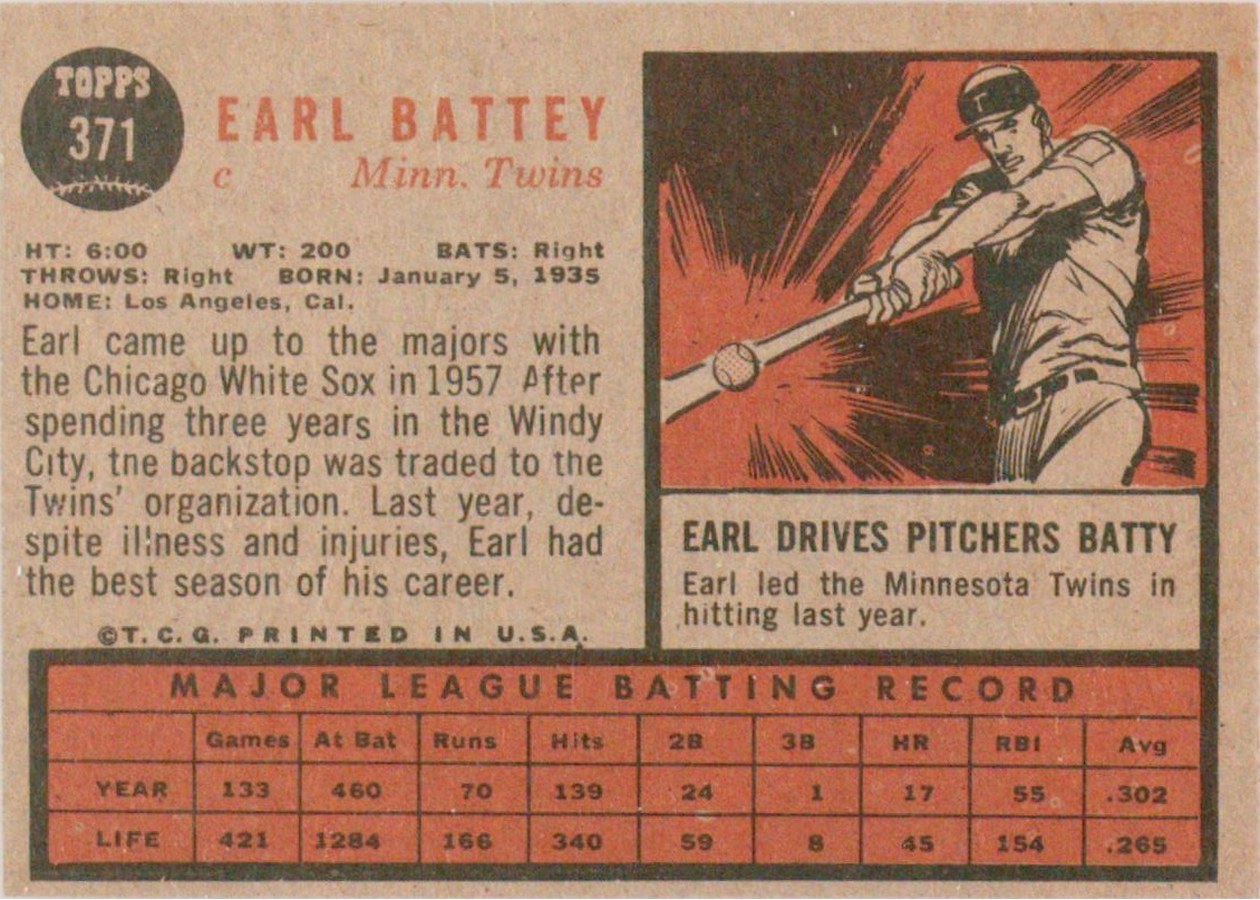 1962 Topps #371 Earl Battey card back
