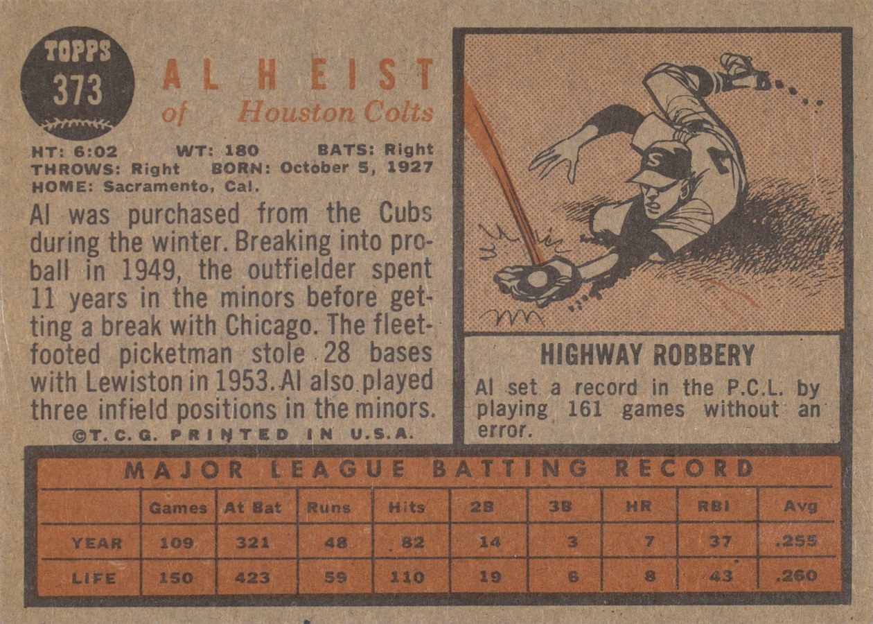 1962 Topps #373 Al Heist card back
