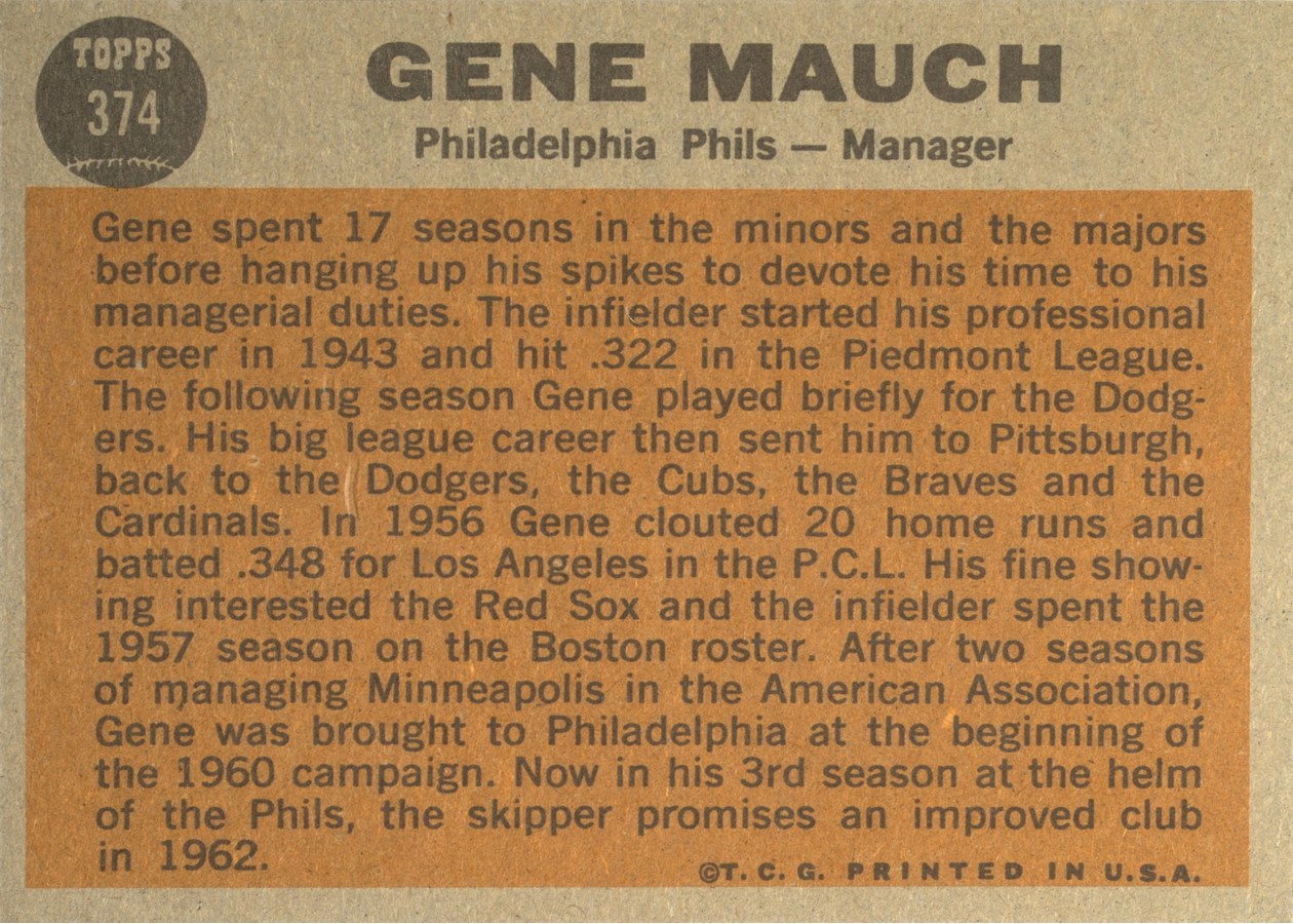 1962 Topps #374 Gene Mauch card back