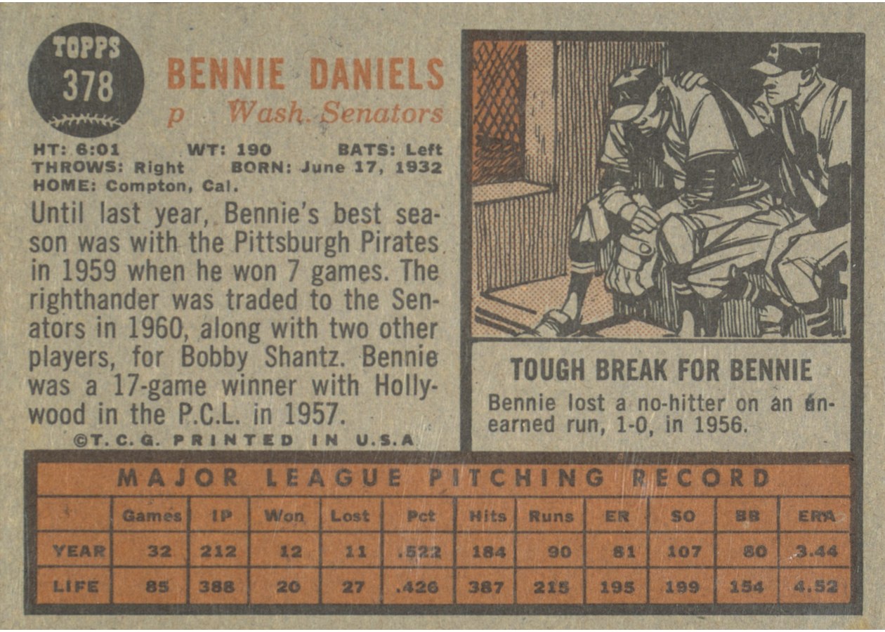 1962 Topps #378 Bennie Daniels card back