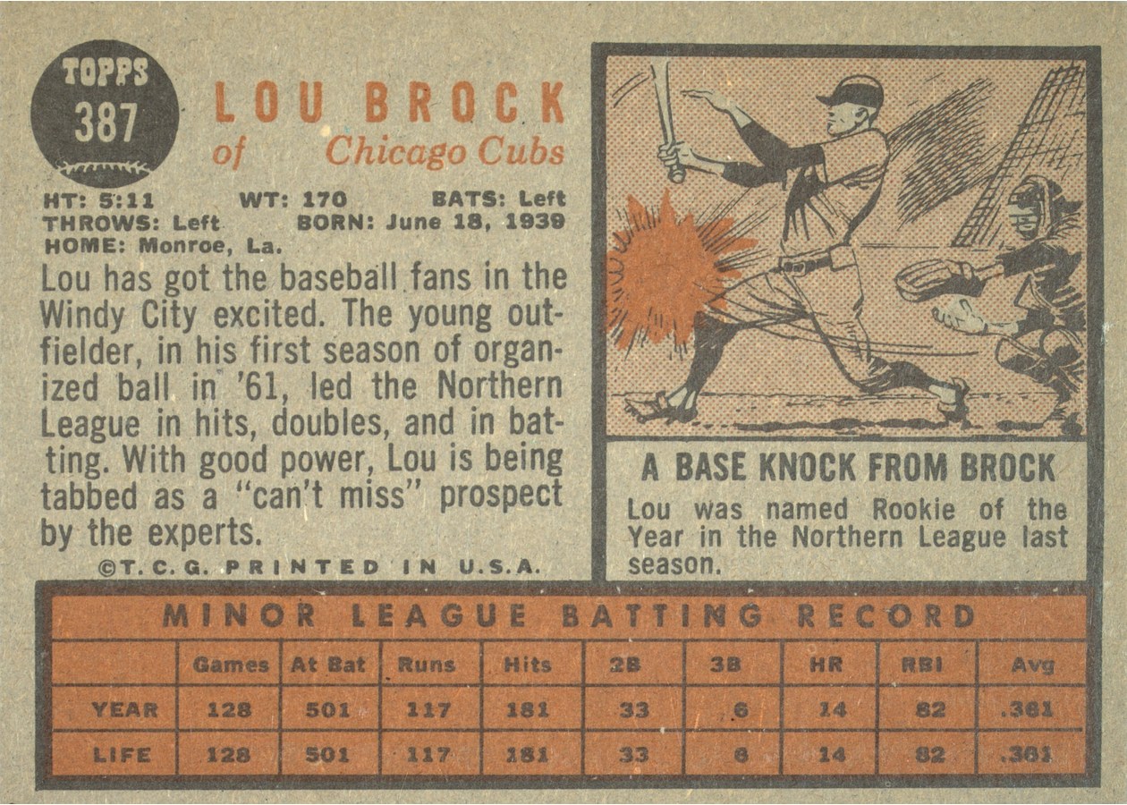1962 Topps #387 Lou Brock card back
