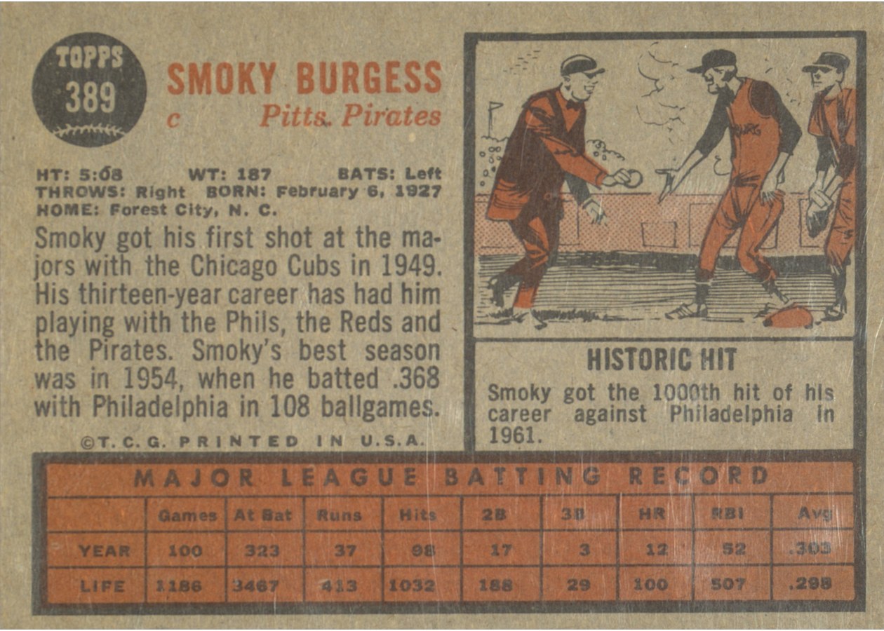 1962 Topps #389 Smoky Burgess card back