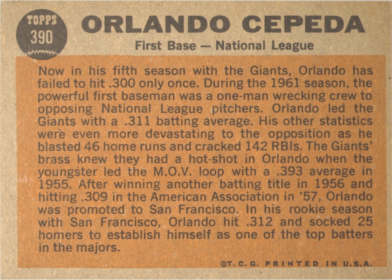 1962 Topps #390 Orlando Cepeda card back
