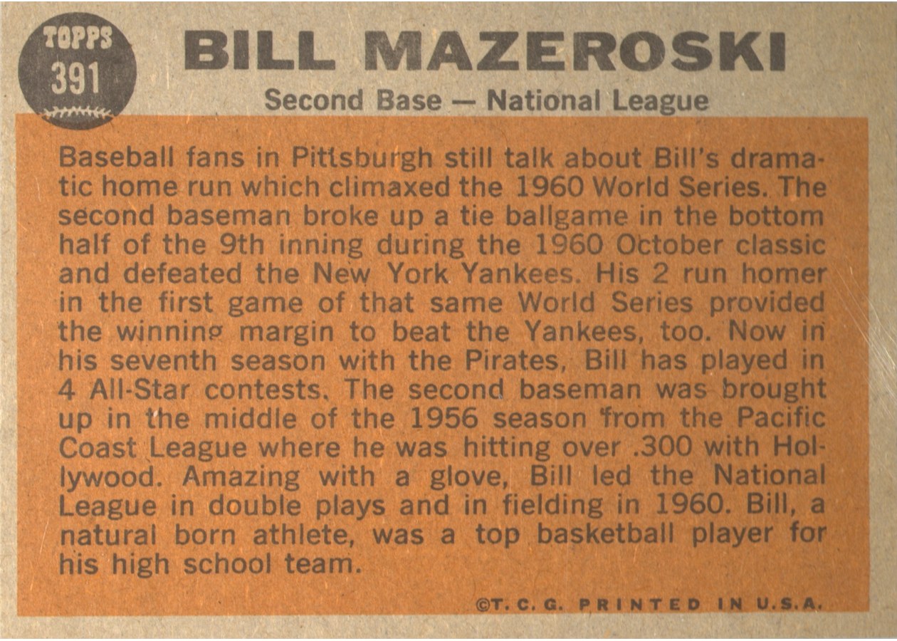 1962 Topps #391 Bill Mazeroski card back