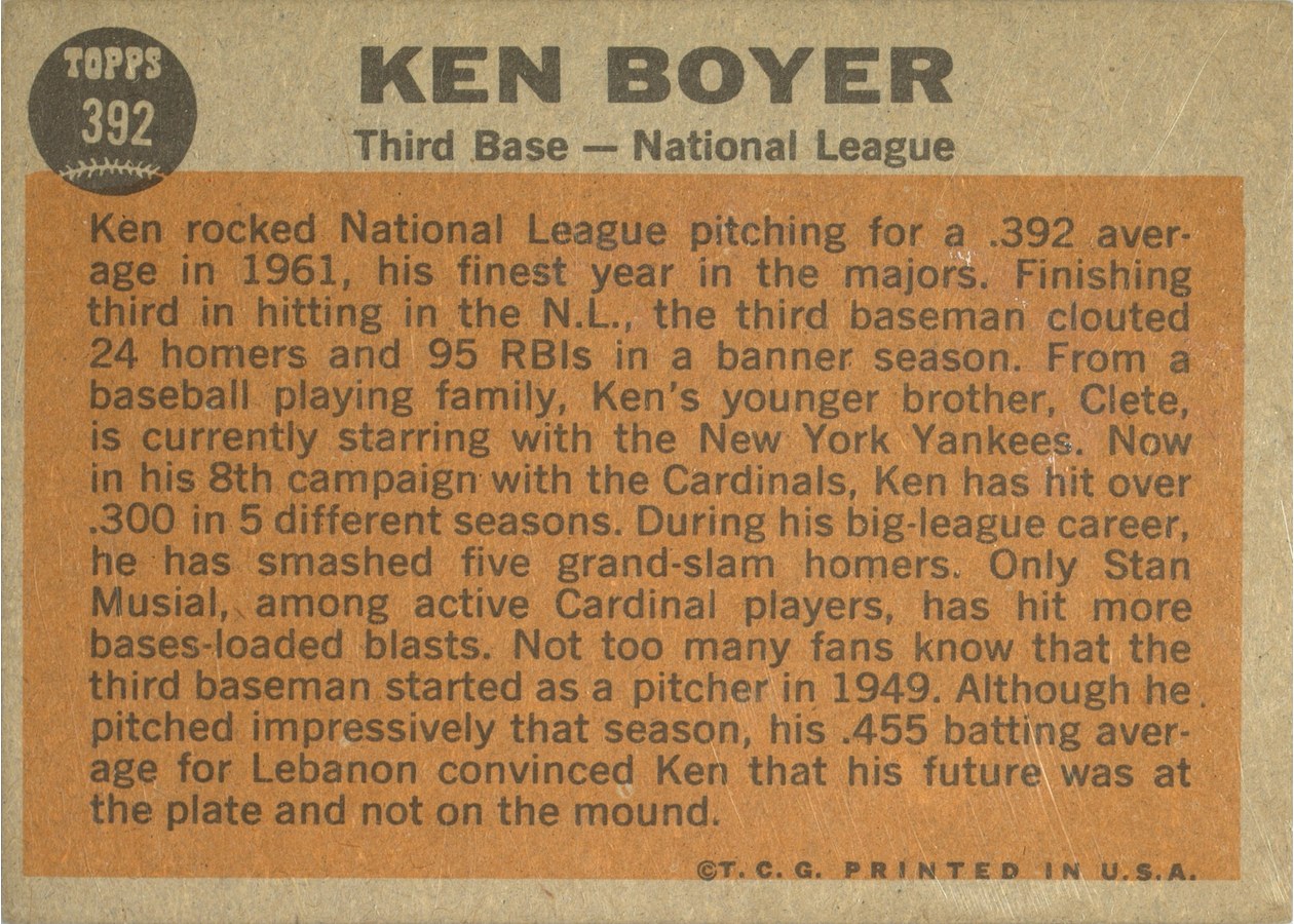 1962 Topps #392 Ken Boyer card back